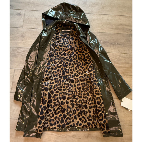 JANE POST ARMY ICONIC LEOPARD FAUX FUR LINED PRINCESS RAIN SLICKER COAT JACKET S - Picture 4 of 16